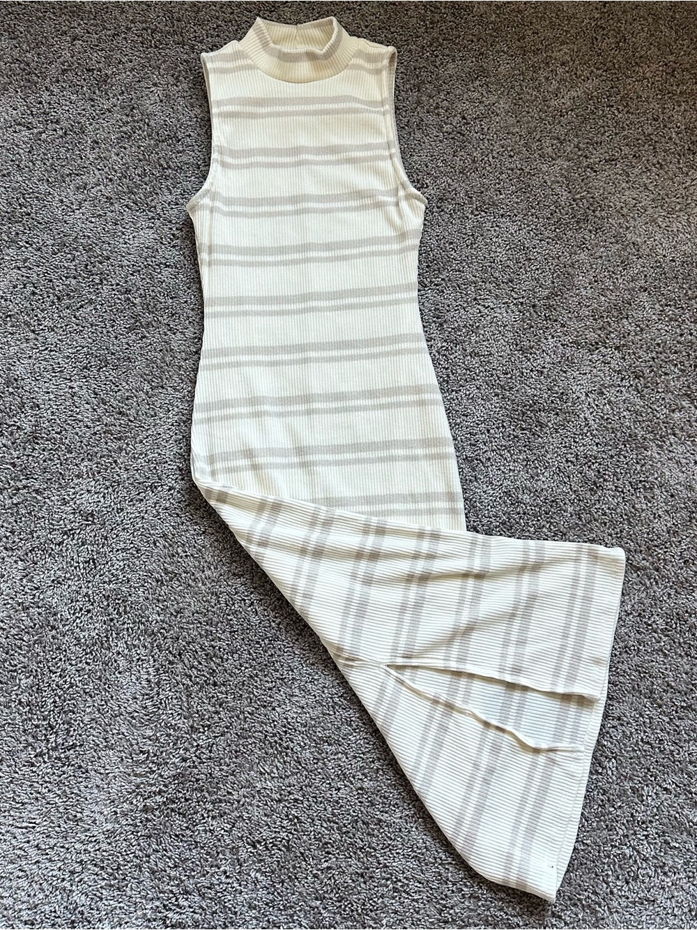 Le Lis Sleeveless Ribbed Maxi Dress in Cream and Taupe Stripes